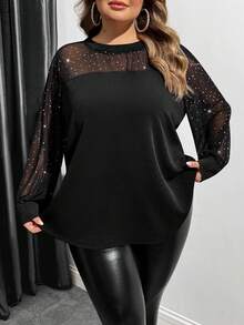 SHEIN CURVE+ Maglietta a maniche lunghe da donna taglie forti, abbigliamento casual quotidiano - nero - Visualizzare 1