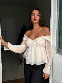 Aloruh Women's  Fall/Winter Elegant Off Shoulder Organza Blouse,Elegant Women's Blouses,Elegant Blouses For Women,White Blouse - Apricot - View 5