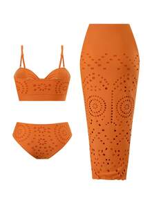 Swim Oasis 女士夏季海滩度假专用纹理面料裙，金属装饰可调节细肩带，镂空褶皱露背性感休闲纯色比基尼三件套 - 橘色 - 查看 6