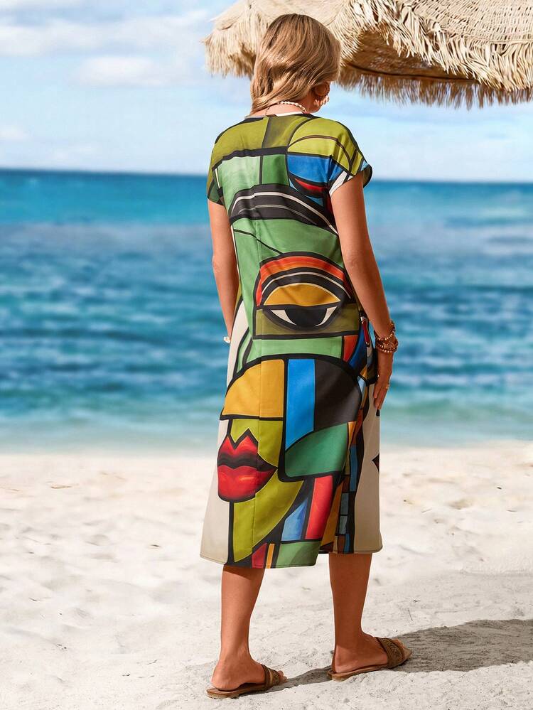 Summer Women Abstract Face Print Round Neck Batwing Sleeve Casual T-Shirt Dress,Vacation