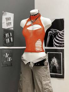 StreetHx Women's Streetwear Solid Black Hollow Out Crochet Sleeveless Knit Top - Orange - View 6