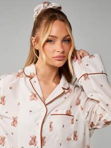 MISSGUIDED Christmas Teddy Bear Print Button Front Pajama Set Long Sleeve Sleep Lounge Wear - Multicolor - View 6