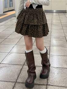 FRIFUL 女式豹纹双层牛仔迷你裙 - 棕色 - 查看 4