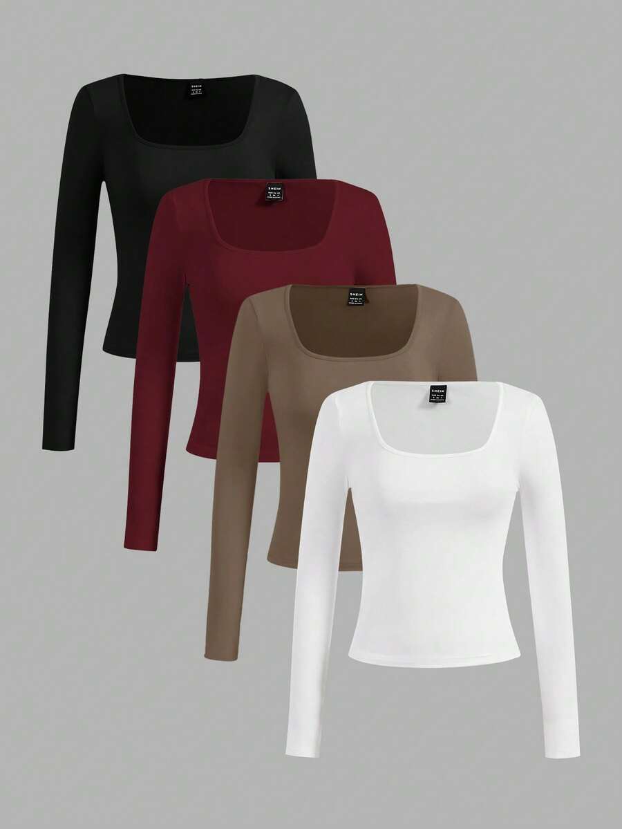 SHEIN Essnce 4pcs/Set Casual Minimalist Crew Neck Women T-Shirts, Solid Color, Suitable For Autumn/Winter, Layering, Outdoor, Undershirt - Multicolor - View 1