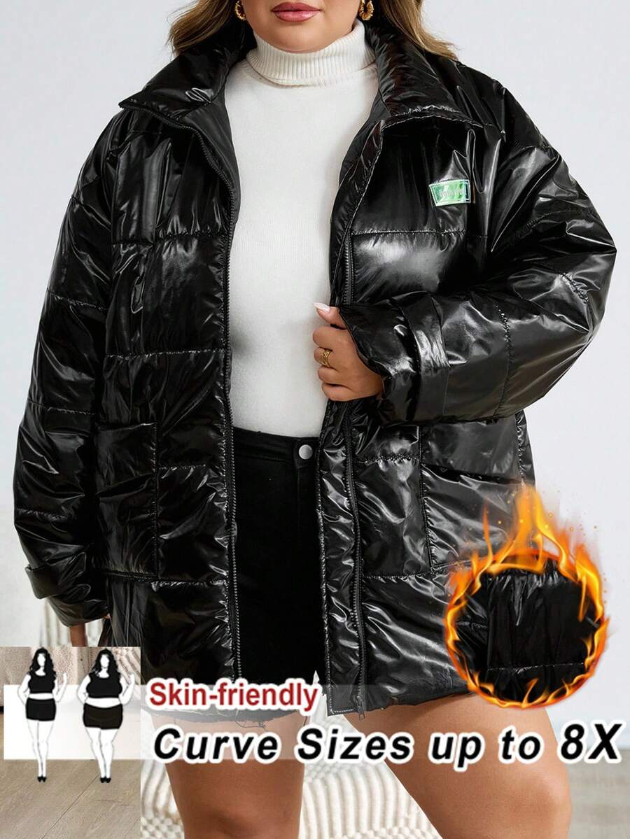 SHEIN CURVE+ Plus Size Thick Long Sleeve Open Front Black Jacket/Winter - Black - View 1