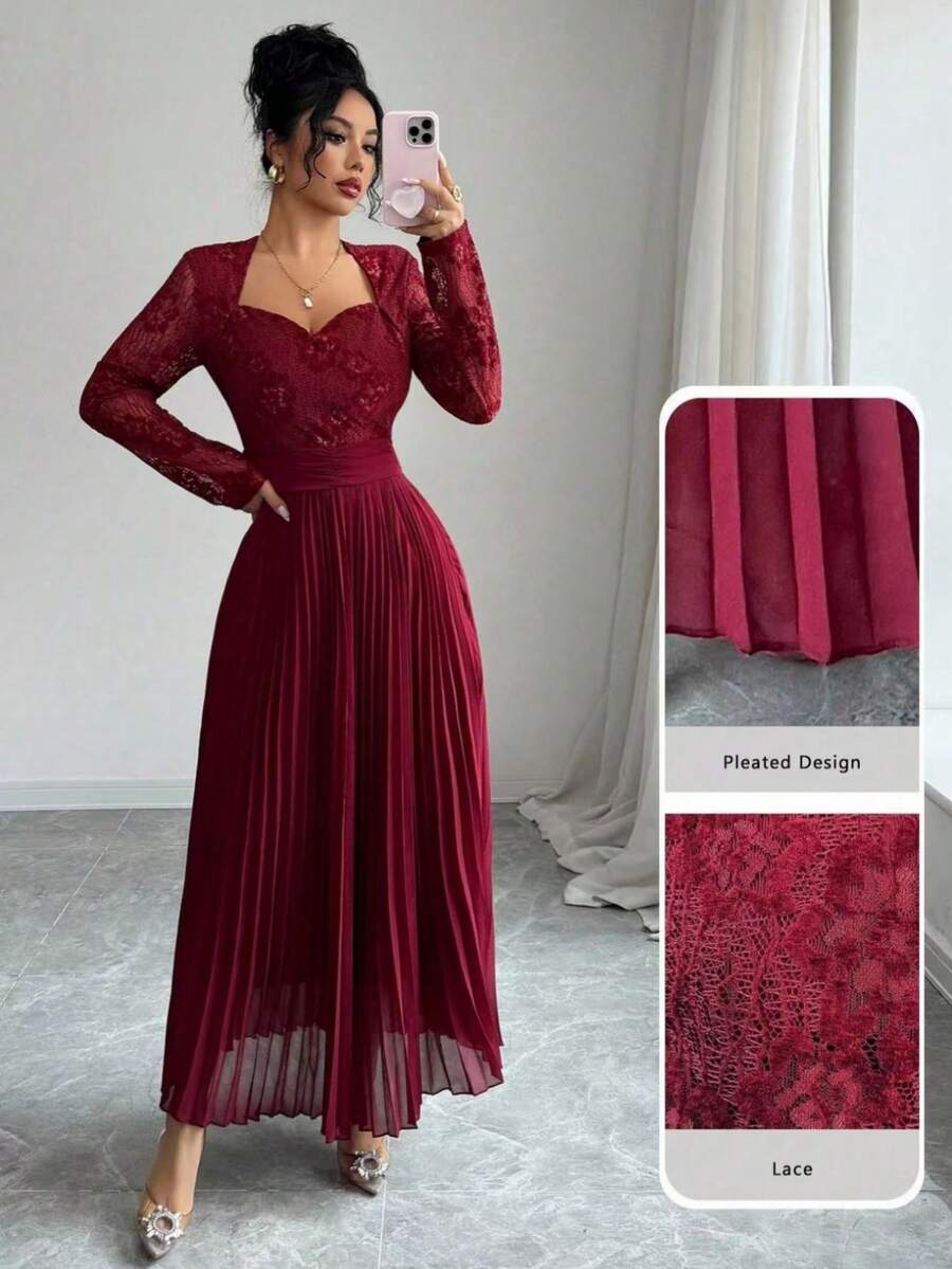Modelyn Robe de soirée plissée pour femmes avec encolure en forme de cœur et patchwork de dentelle, style français - Rouge foncé - Voir 1