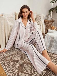 Serenescape Conjunto de pijama de pantalón y blusa de manga larga con estampado de rayas y textura de tela casual para mujer, ropa de invierno