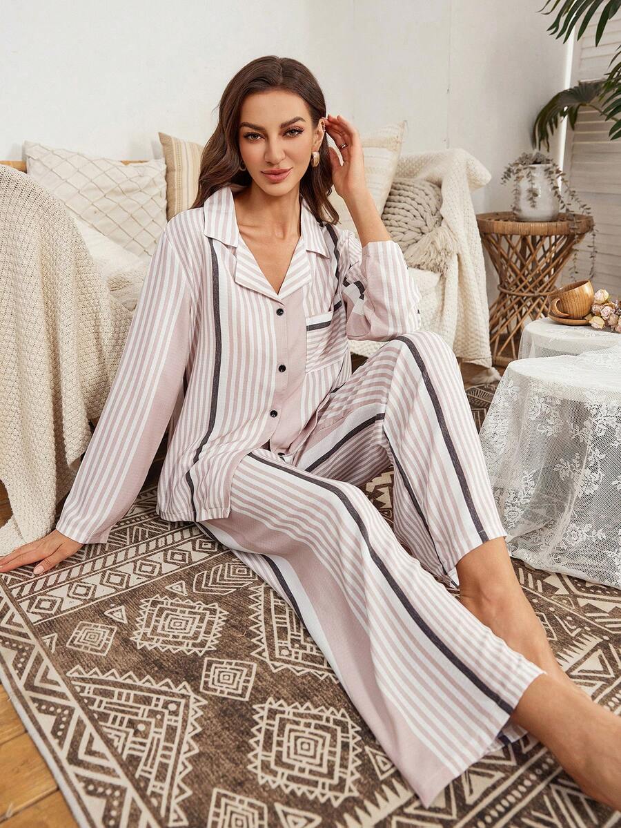 Serenescape Conjunto de pijama de pantalón y blusa de manga larga con estampado de rayas y textura de tela casual para mujer, ropa de invierno