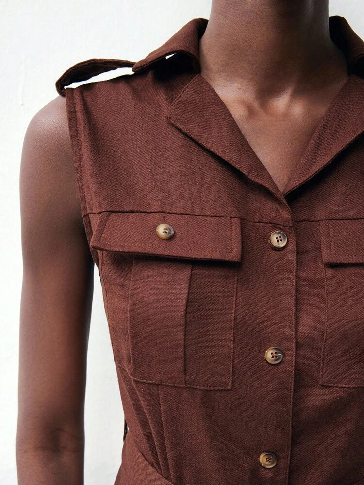 SHEIN Maija Women's Solid Color Sleeveless Single-Breasted Loose Summer Dress Business Casual Women's Office Wear Low-Key Old Money Style Effortless Temperament High-End Urban Commuting King Magazine Editor-In-Chief Same Style Urban Social Vacation Party Wear Charming Women's Airport Clothing Stockholm Style All-Season Modern Urban Casual Fashion Business Casual Women's Office Wear Low-Key Old Money Style Effortless Temperament High-End Urban Commuting High-Quality Airport Women's Wear High-End Material