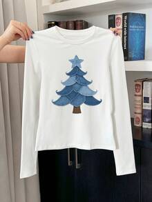 EMERY ROSE Christmas Tree Print Casual Long Sleeve Round Neck T-Shirt, A Gift For Friends - White - View 4