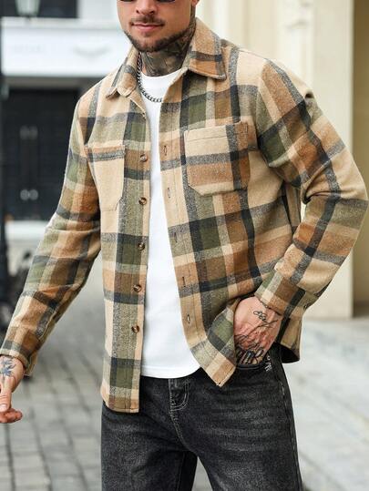 EGENSIO Plaid Print Button Front Pocket Casual Long Sleeve Shacket Flannels For Shacket Plaid Jacket Men, For Winter