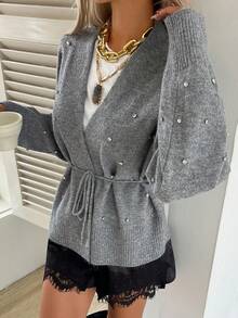 Livesso 秋冬闪亮水钻亮片装饰宽松商务休闲抽绳针织开衫，适合女士办公室穿着 - 灰色 - 查看 4