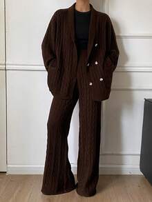 DAZY Women's Turndown Collar Open Front Loose Knit Sweater And Straight Leg Pants 2 Pieces Set, Casual & Elegant - Coffee Brown - View 2