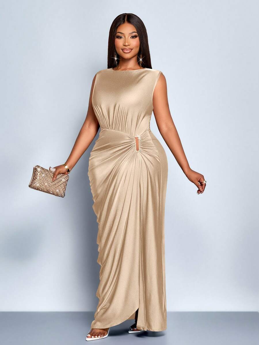 SOLERSUN Women's Plus Size Elegant Solid Color Pleated Hollow Out Fashion Metal Ring Buckle Niche Design Gathered Ruched Slit Sleeveless Long Maxi Dress Fall And Winter, Casual, Party, Bridesmaid, Halloween , Christmas, New Year's Eve, Holiday Clothing,Cocoon Wrap Design Dress,Graduation Dress,Elegant Dresses For Women,Fall Outfits Women,Winter Dresses For Womwen,New Year Look,Prom Dress,Brown Dress - Apricot - View 1