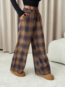 SHEIN PETITE 女士秋冬街头复古外出休闲宽松格纹阔腿裤 - 彩色 - 查看 5