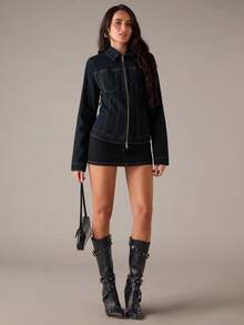 SHEIN BAE Autumn Winter Party: Stylish And Sexy Dark Blue Denim Stand Collar Zipper Slim Fit Coat, Casual Denim Coat, Suitable For Casual Commute, Winter Coat, Going Out, Winter For Women, Christmas For Women, New Year Women's - Dark Wash - View 1