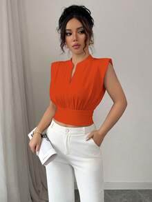 Selianne New Knitted Casual White Mandarin Collar Half-Zip Waist Fitted Sleeveless T-Shirt For Women - Orange - View 6