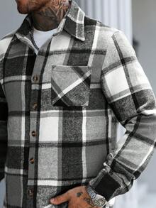 Manfinity Homme Men's Long Sleeve Casual Plaid Print Button-Up Shacket Men Flannel Plaid Shacket - Black and White - View 6