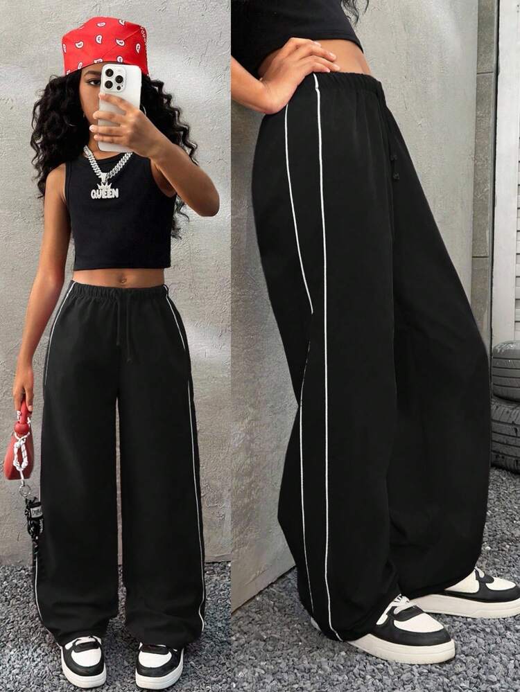 Coolane Kids 女の子 ティーン服 赤パンツ 学校 服 ママと私 ビンテージ グラフィック Kpop ネイビー ワイドレッグ スウェットパンツ フットボール/バレーボール 感謝祭 ハロウィン クリスマス コスチューム スウェットパンツ 春/秋/冬 - ブラック - 見る 6