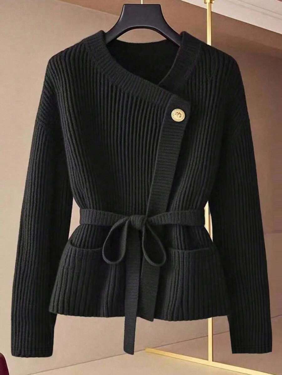 SHEIN 大码女式纯色落肩长袖罗纹针织休闲时尚上衣 - 黑色 - 查看 1