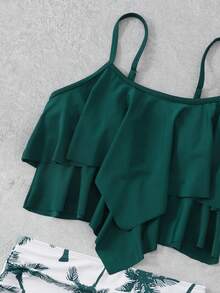 SHEIN Swim Summer Beach Tropical Print Hanky Hem Ruched High Waisted Bikini Set - Dark Green - View 8