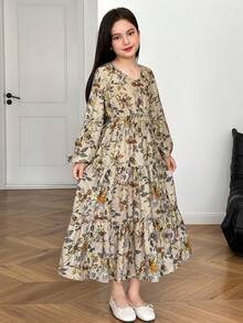 Tween Girl Ditsy Floral V 领泡泡袖拼布连衣裙，休闲度假梭织花卉连衣裙，卡其色/杏色 - 杏色 - 查看 4