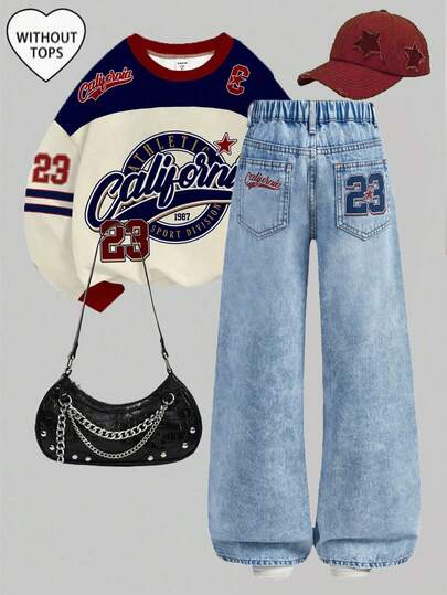 Girlism Tween Girls Fashion Casual Y2k Vintage Cool Street Returns To School College Simple Comfortable And Light Sports Jersey With Digital Letter Patterns Blue Denim Loose Jeans For Tween Girl Clothes Tween Girls Dailywear And Tween Girl Winter And Fall Rave Outfits Festival And Outfits Streetwear Clothes