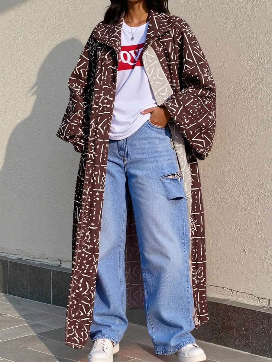 1 chiếc áo khoác cardigan dài tay thanh lịch cỡ lớn - Áo khoác dài thời trang đa năng bằng polyester, in toàn bộ, dáng rộng thoải mái, phù hợp với mọi mùa - màu nâu - Xem 1