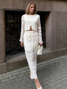 Pariaura French Round Neck Long Sleeve Split Solid Textured Elegant Ladies Top, Casual High-End Outfit, Party Dress Top Elastic Waist Solid Textured Fashion Wedding Evening Party Elegant Long Dress, 2 Pieces Set - Apricot - View 6