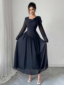 Modelyn Stilvolles französisches Kleid mit asymmetrischem Kragen, Rüschen, taillierter Taille und ausgestelltem Rock für Frauen - Schwarz - Übersicht 4