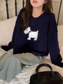 DAZY 女式宽松圆领蝴蝶结图案毛衣 - 藏蓝色 - 查看 2