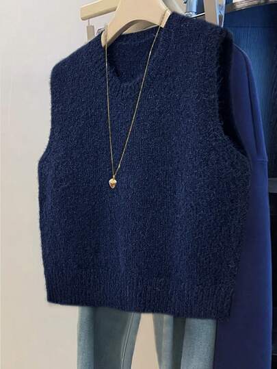 GlowEve Damski sweter-kamizelka w jednolitym kolorze, swobodny, z okrągłym dekoltem