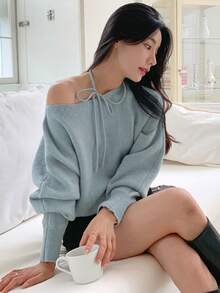 DAZY 女士系带纯色斜肩长袖休闲宽松毛衣 - 藍色 - 查看 4