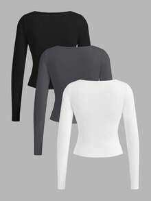 SHEIN EZwear 3 件装女士 V 领收腰荷叶边针织修身长袖 T 恤，初秋 - 深灰色 - 查看 2