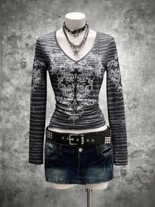 SHEIN Unity Áo thun tay dài in họa tiết đồ họa phong cách Gothic cổ điển thường ngày Y2K Punk đính đá cho nữ, Thu/Đông - màu đen - Xem 3