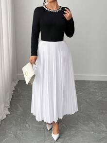 Elenzga Plus Size Women's Beaded Round Neck Long Sleeve Pleated Contrast Color Dress Fall Cloth For Women - Black and White - View 5