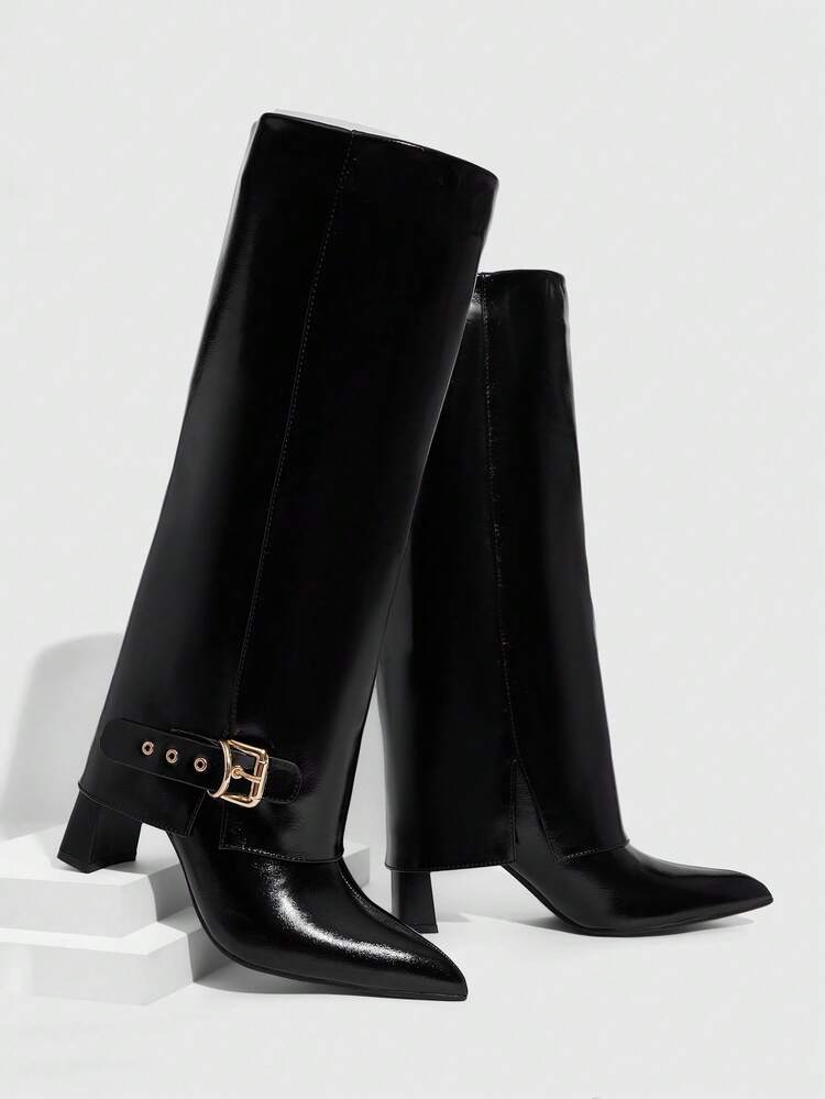 CUCCOO SZL Women's Fashion Black Patent Leather High Heel Buckle Knee-High Boots