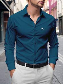 Manfinity Mode Men Business Casual Long Sleeve Shirt With Horse Print, Front Button Business Casual Navy Blue Dress Shirt, Fall