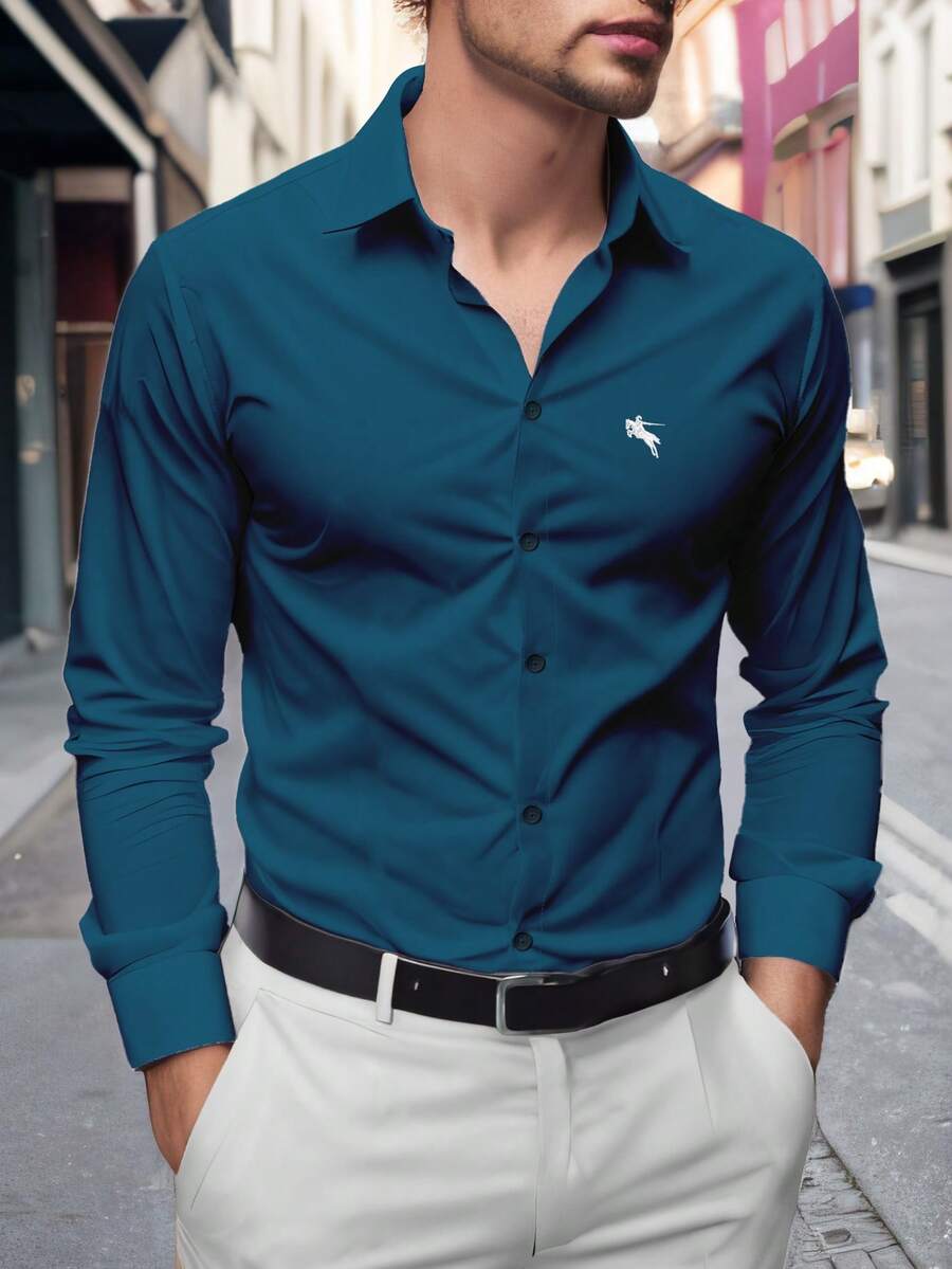 Manfinity Mode Men Business Casual Long Sleeve Shirt With Horse Print, Front Button Business Casual Navy Blue Dress Shirt, Fall