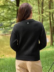 In My Nature Damen V-Ausschnitt Langarm Kontrast Farbblock Pullover Sweater, Herbst/Winter - Schwarz und Weiss - Übersicht 5