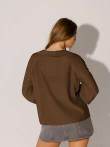 Aralina Winter/Fall Semi Sheer Ruffled V-Neck Long Sleeve Front Tie Blouse - Chocolate Brown - View 8