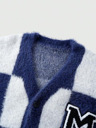 Men's Casual Plaid Button Fuzzy Knit Cardigan