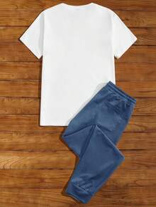 Manfinity NXTstreet 2 件套男士休闲针织鹰印花贴身短袖 T 恤和中腰抽绳踝长裤运动服夏季服装，适合日常穿着，舒适服装 - 黑與白 - 查看 2