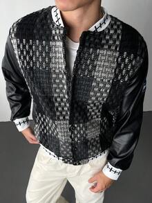 Manfinity Hypemode Men's Stand Collar Contrast Color Patchwork Zipper Long Sleeve Black Jacket,Windbreaker/Outdoor Windbreaker,Baggy,Winter Jacket - Multicolor - View 1