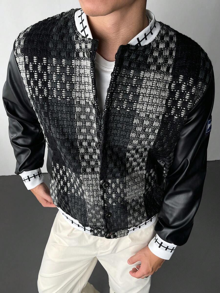 Manfinity Hypemode Men's Stand Collar Contrast Color Patchwork Zipper Long Sleeve Black Jacket,Windbreaker/Outdoor Windbreaker,Baggy,Winter Jacket - Multicolor - View 1