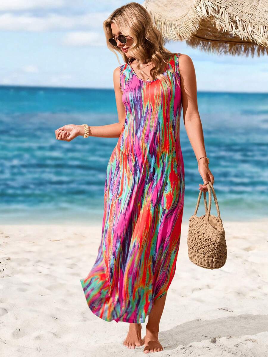 Sylviya Summer Women's V-Neck Asymmetrical Hem Side Split Face Printed Casual Vacation Sleeveless Dress With Pockets,Festival Outfits 4th Of July Dress Fall Dresses Summer Dress Midi,Summer Dresses For Women