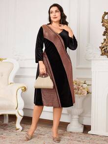Modelyn Plus Size Elegant Color Block Party Dress - Black - View 5