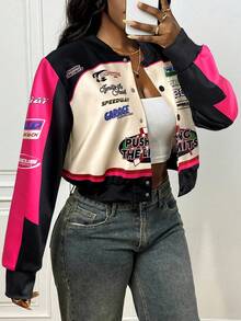 Slaydiva 2025新款早秋冬休闲街头日常约会机车复古棒球夹克口号Logo杏色拼接黑绿印花落肩长袖宽松外套针织面料女装 - 玫紅色 - 查看 4