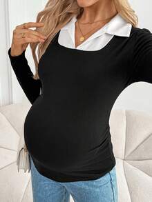 SHEIN Maternity Casual 2 In 1 Long Sleeve Top Nursing Top Pregnancy Clothing Pregnancy Shirts Pregnancy Breastfeeding Shirt Maternity Shirt - Black and White - View 6
