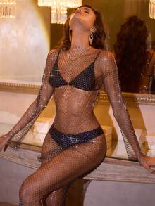 Opulessa Damen Mode sexy Strass Netzkleid mit Schlitz an der Seite - Schwarz - Übersicht 3